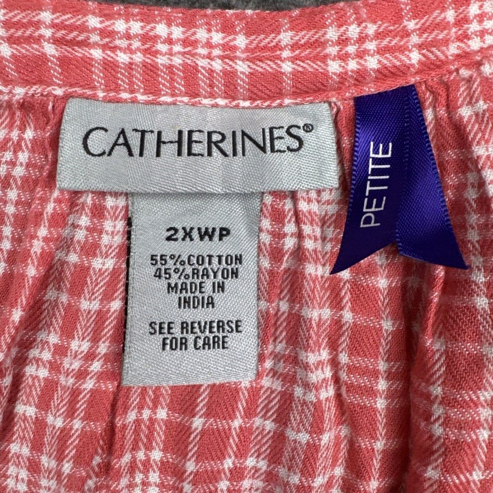 Catherines Top 2XWP 2X Petite Coral White Gingham Plaid Henley Blouse 3/4 Sleeve - Picture 5 of 7